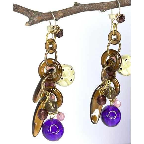 Vintage Lalo Resin Art EARRINGS 3.5" Dangle Drop Gold Brown Purple French Wire - Picture 2 of 6